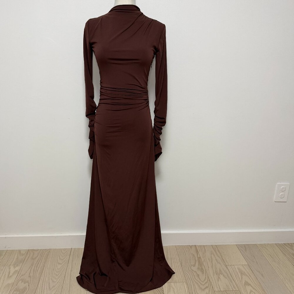 Zara dress, brown maxi dress, long sleeve maxi dress, draped dress, ruched dress